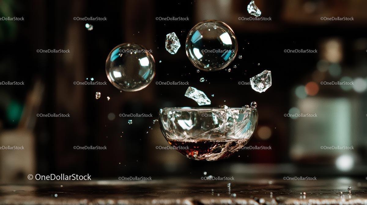 Sparkling Beverage with Floating Bubbles and Ice