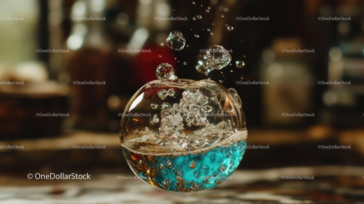Floating Blue Liquid Sphere with Bubbles