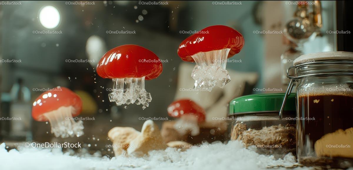 Floating Red Jellyfish Candies in a Surreal Kitchen Setting