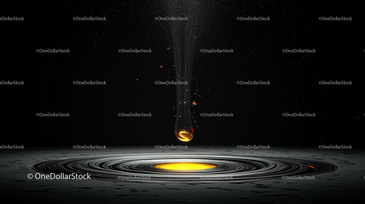 Golden Drop Descends into Rippling Liquid Surface