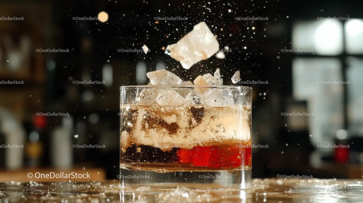Refreshing Whiskey Splash with Ice Cubes in Bar Setting