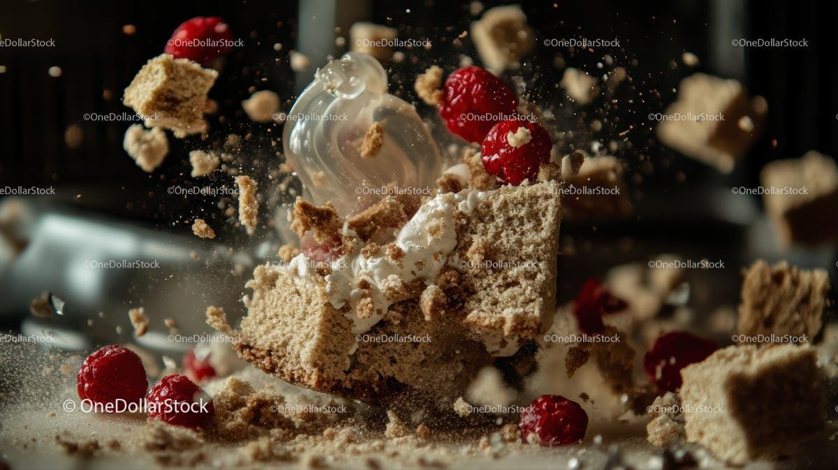 Dynamic Raspberry Dessert Explosion with Cake Crumbs