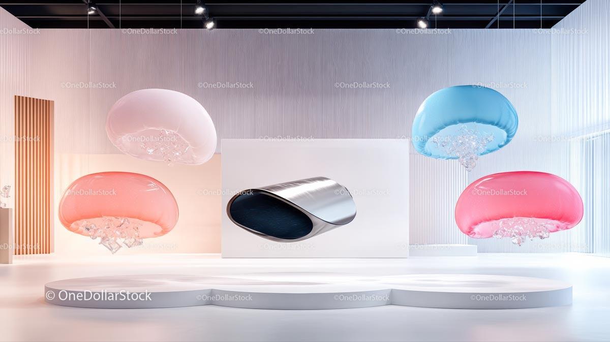 Futuristic Floating Sculptures in Pastel Gallery Setting