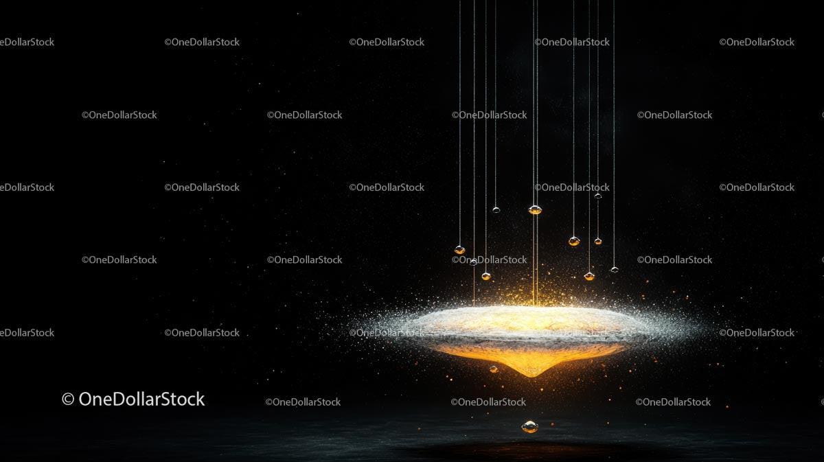 Suspended Golden Light Sphere with Particles on Black