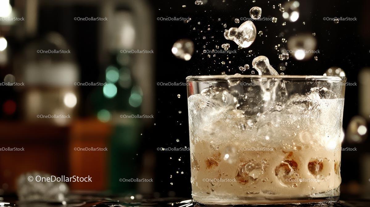 Whiskey Splash with Ice Cubes in Glass