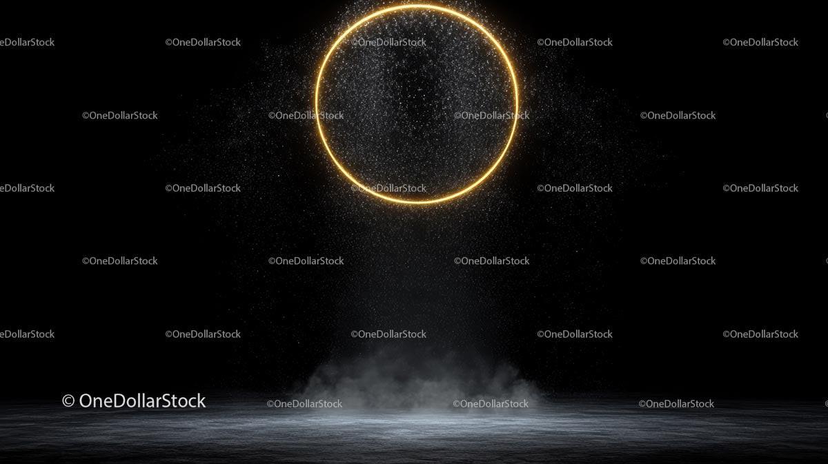 Glowing Golden Circle Above Foggy Floor in Dark Ambience