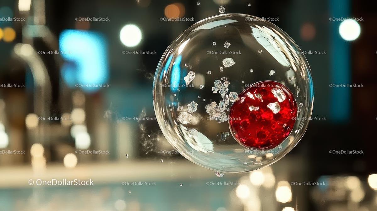 Red Sphere and Ice Crystals in Transparent Bubble