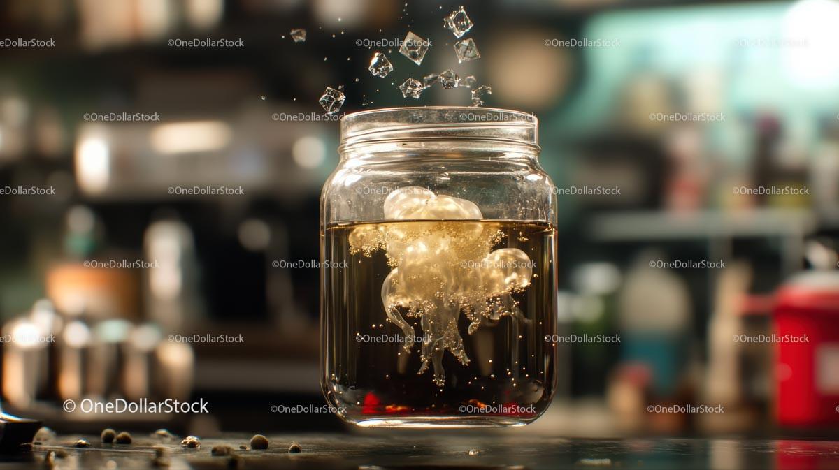 Glass Jar of Iced Coffee with Splashing Ice Cubes