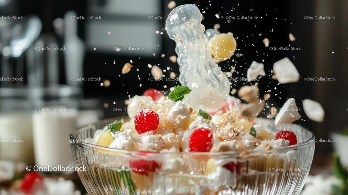Refreshing Fruit Salad with Whipped Cream Splatter