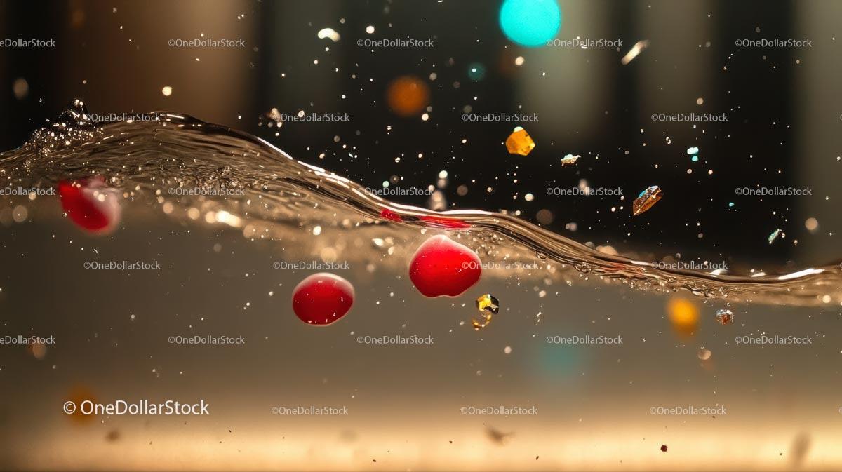 Dynamic Splash with Red Beads and Floating Particles