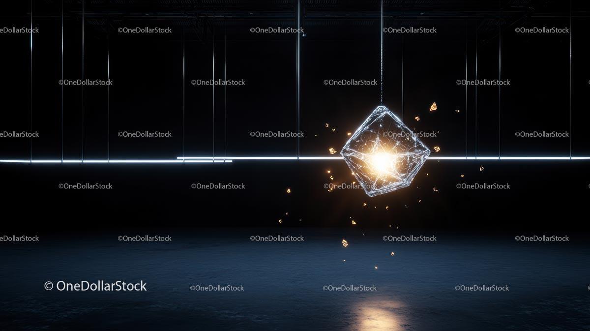 Glowing Cube Suspended in Dark Futuristic Space