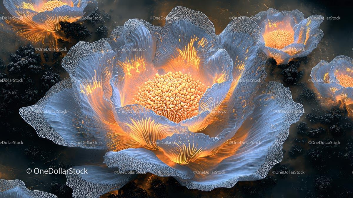 Abstract Luminous Flowers with Blue Petals and Orange Glow