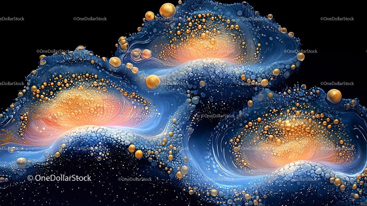 Abstract Cosmic Landscape with Golden Spheres and Blue Waves