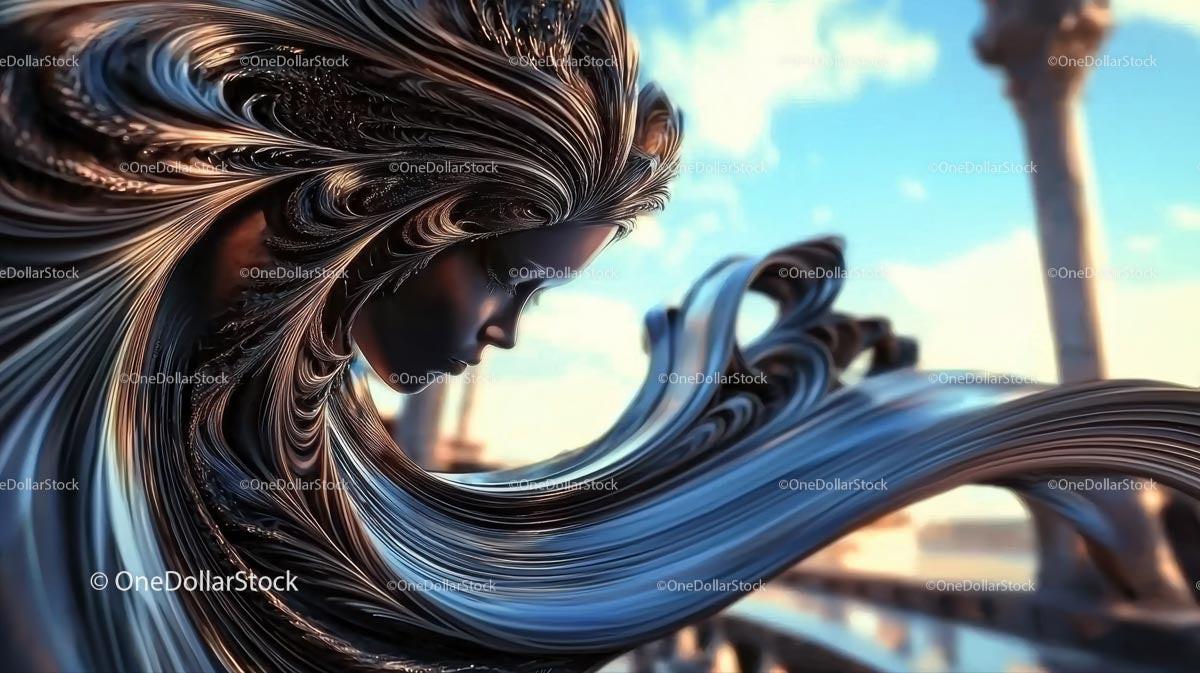 Surreal Metallic Portrait of a Woman with Flowing Hair