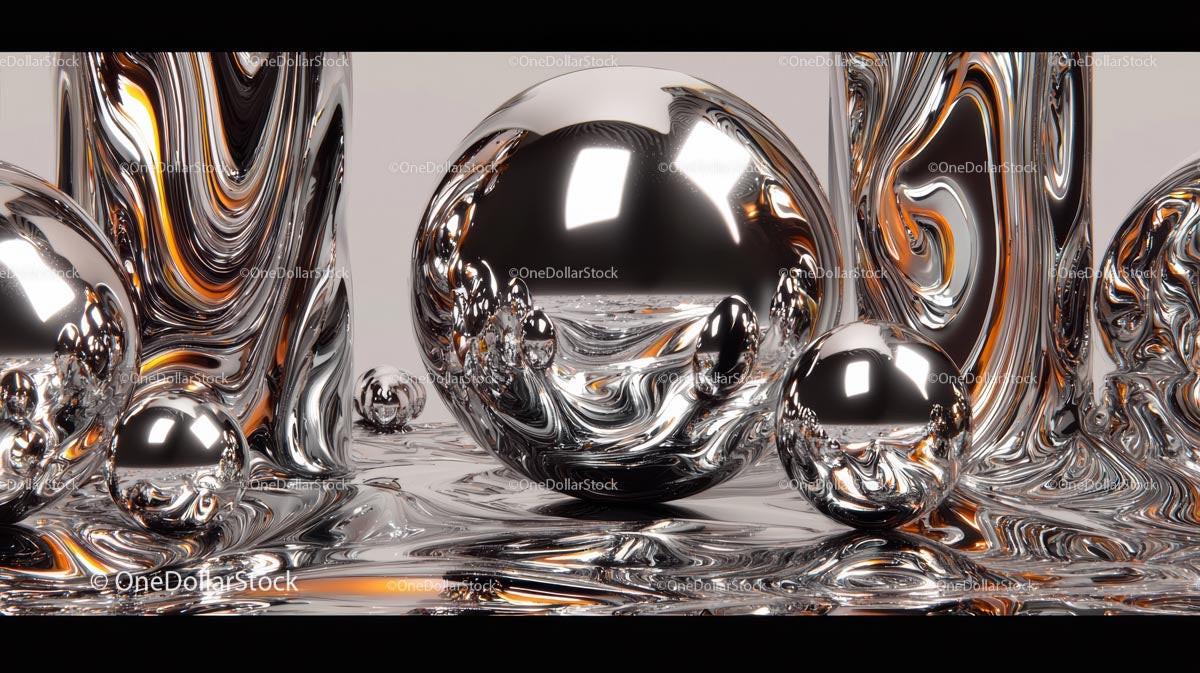 Abstract Reflective Metallic Spheres on Fluid Surface