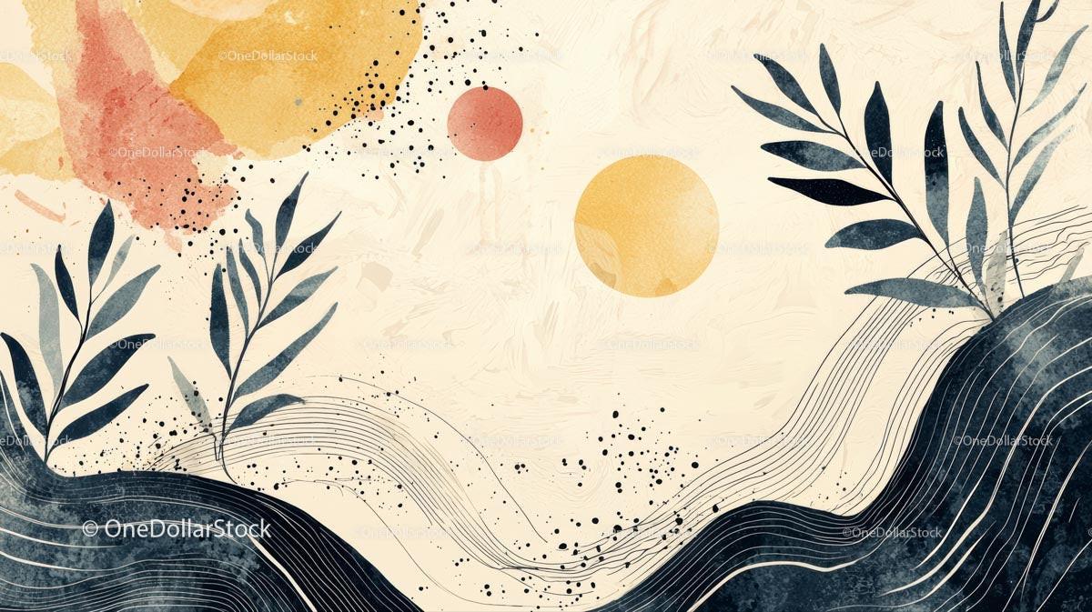Abstract Botanical Watercolor with Geometric Elements