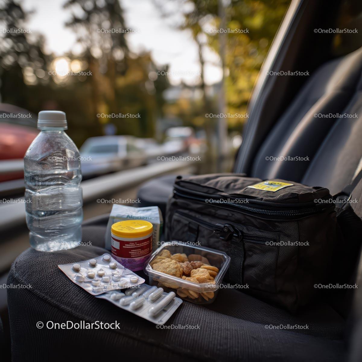 Travel Essentials with Snacks and First Aid Kit in Car Stock Photo Bundle preview