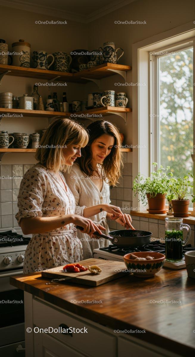 Two Women Cooking Together in a Cozy Kitchen Setting
