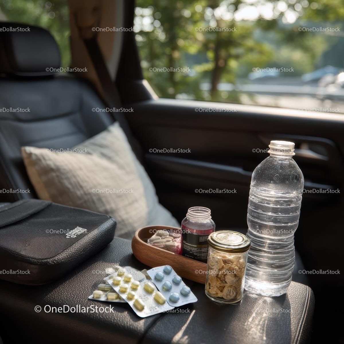 Travel Essentials with Snacks and First Aid Kit in Car Stock Photo Bundle preview 12