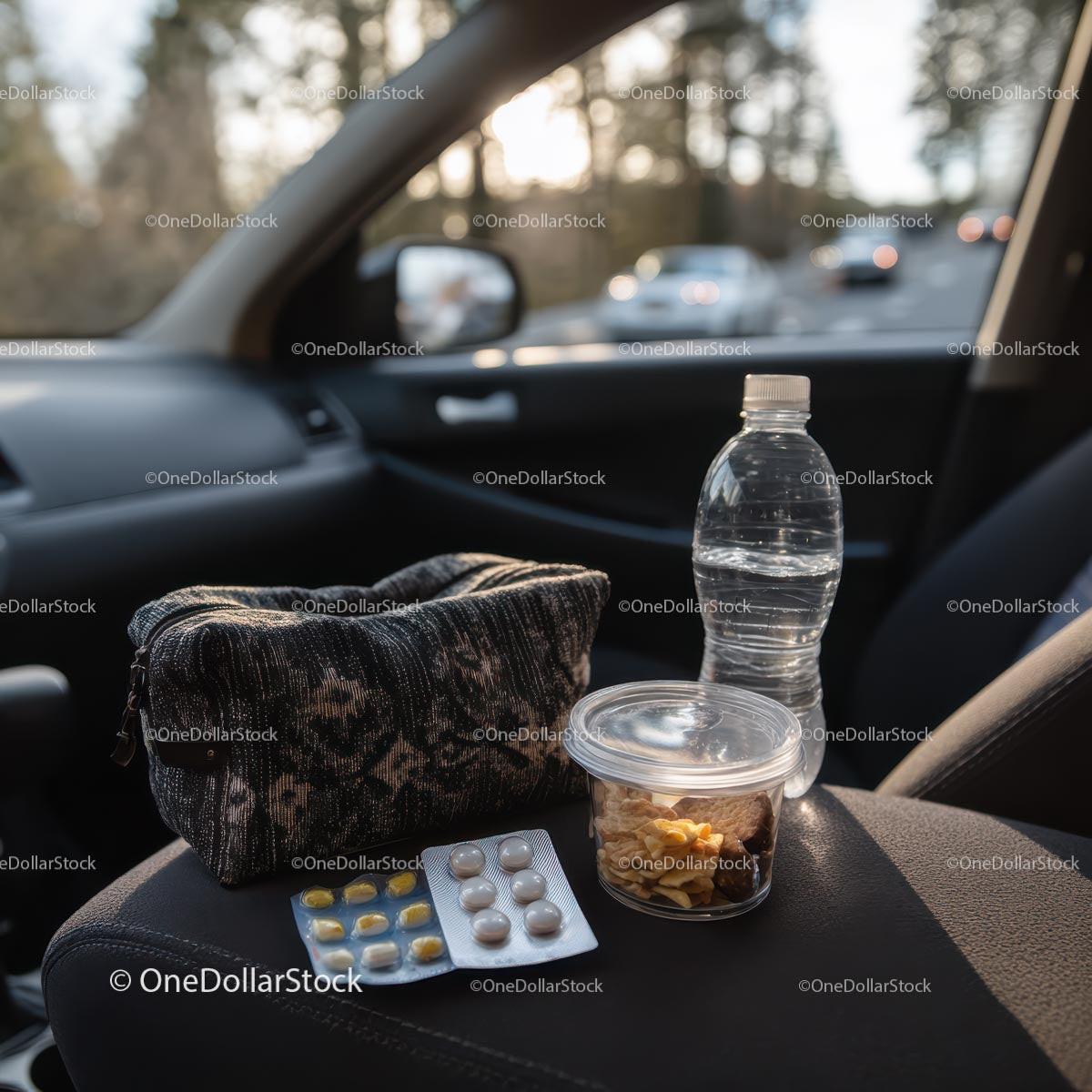 Travel Essentials in Car with Snacks and Water Bottle
