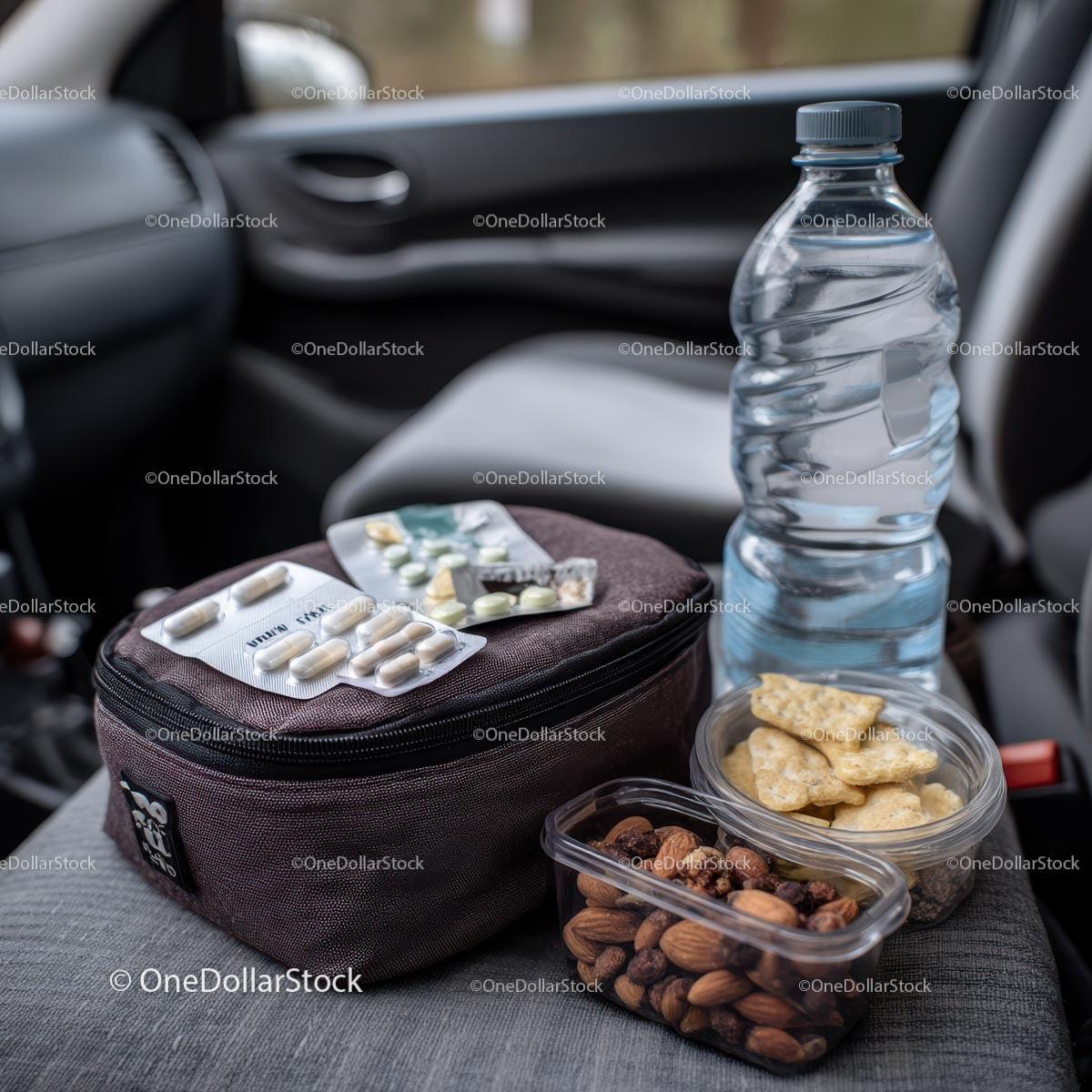 Travel Essentials with Snacks and First Aid Kit in Car Stock Photo Bundle preview 21