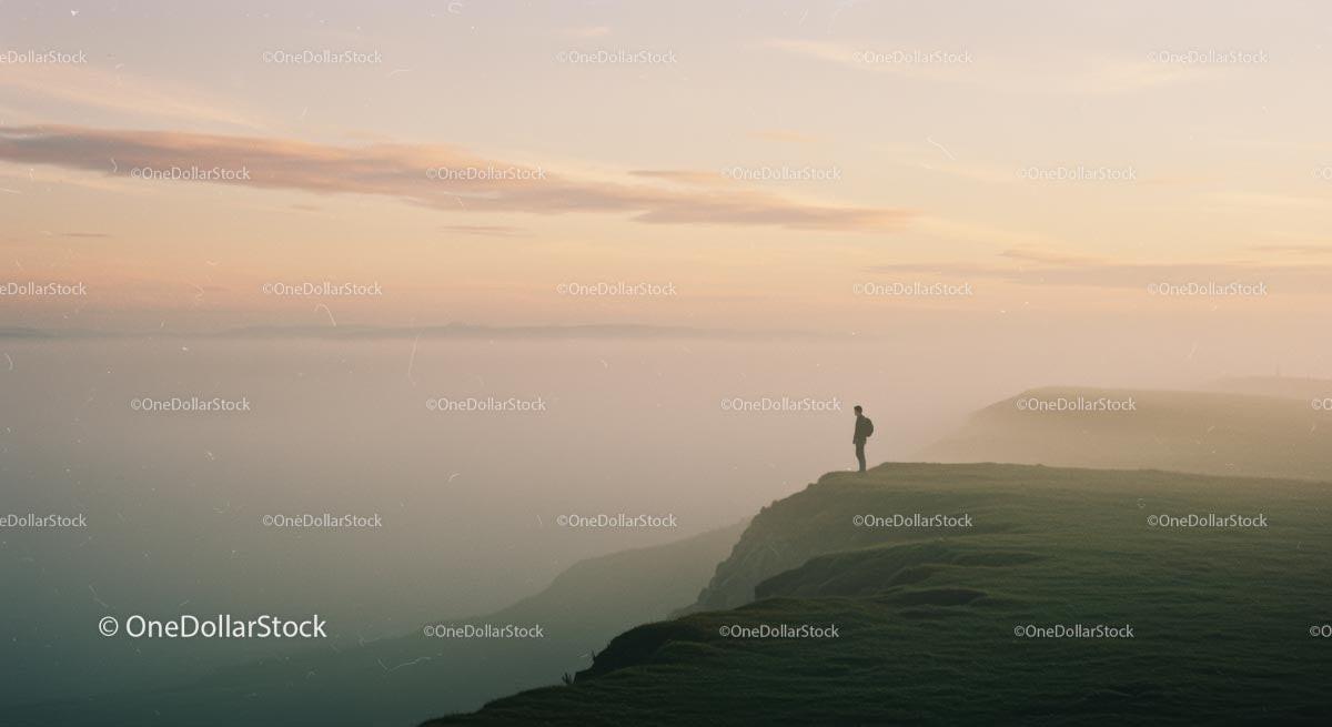Silhouette on the Edge of a Misty Cliff at Sunrise