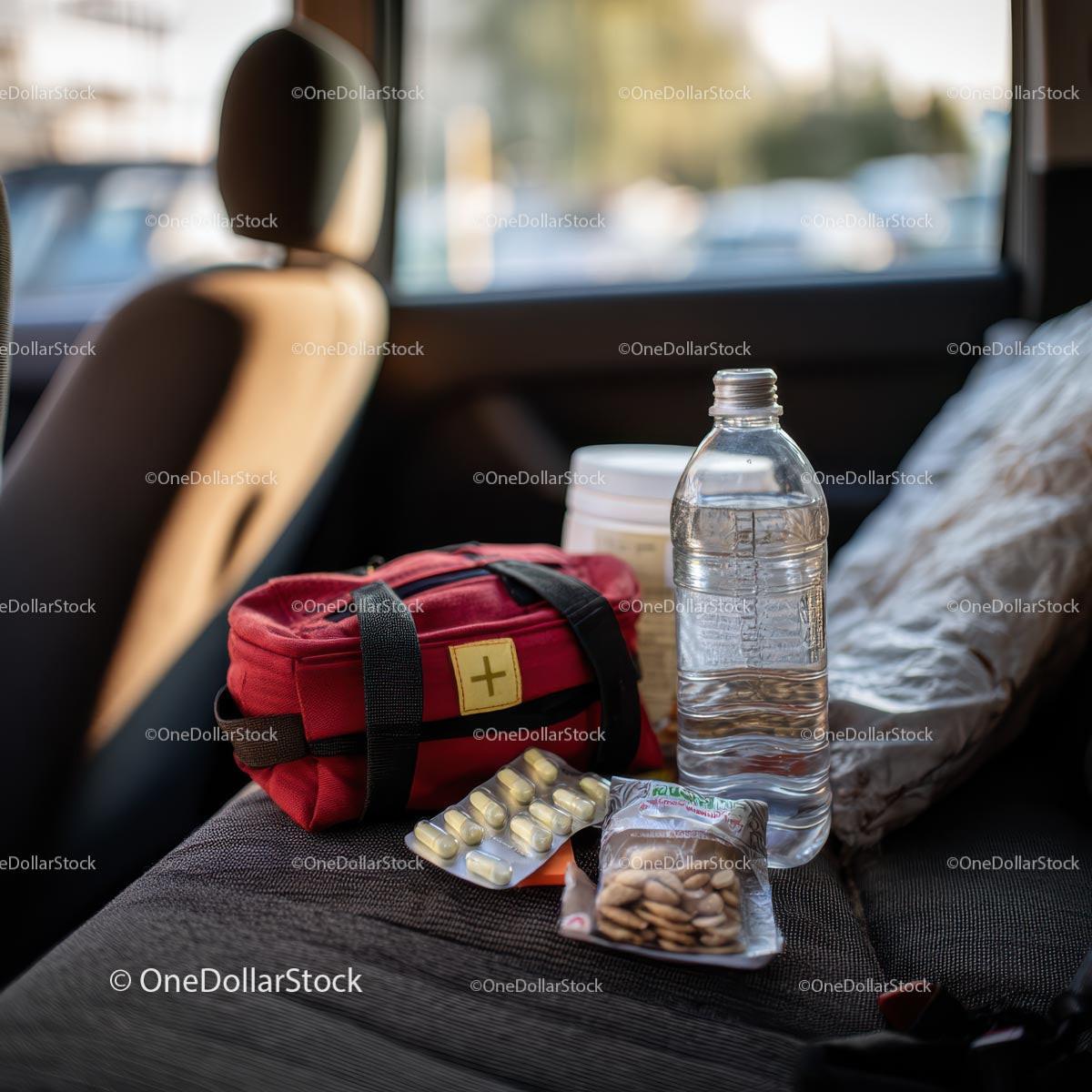 Road Trip Essentials with First Aid Kit and Water