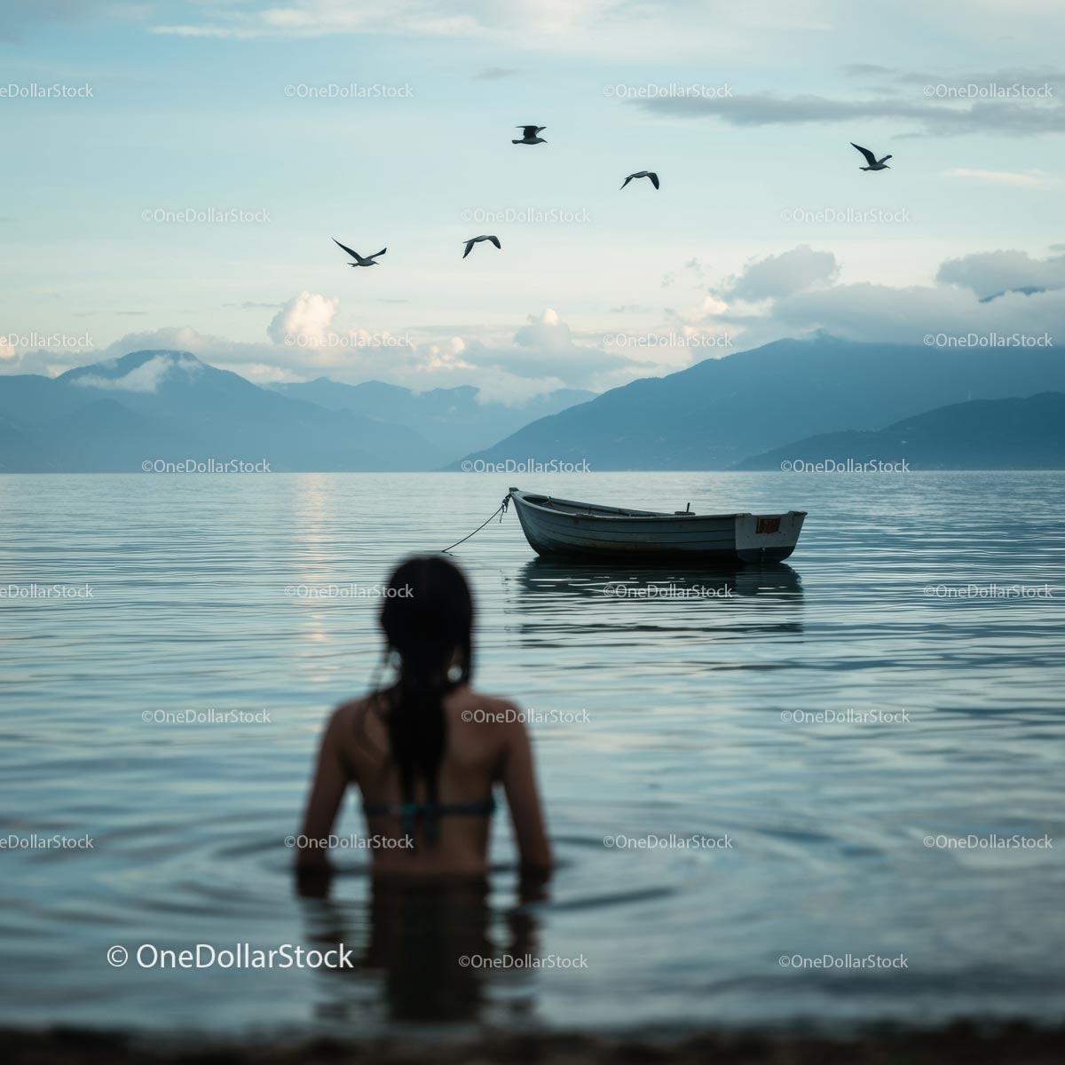 Woman in Water with Birds and Boat on Serene Lake