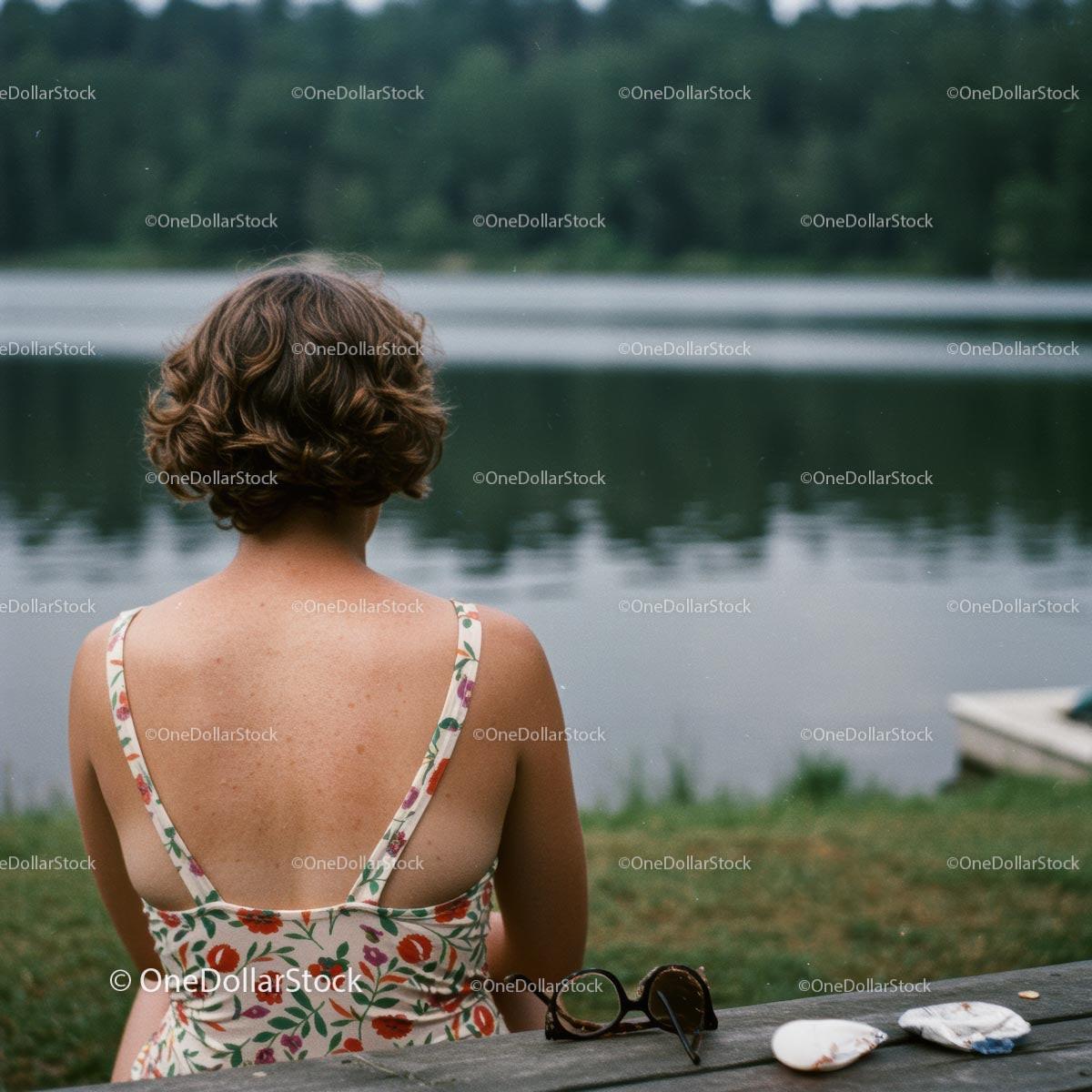 Woman in Floral Dress Relaxing by a Calm Forest Lake