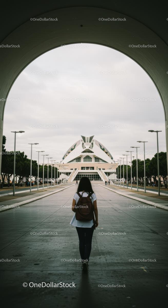 Woman Walking Towards Futuristic Architecture in Valencia