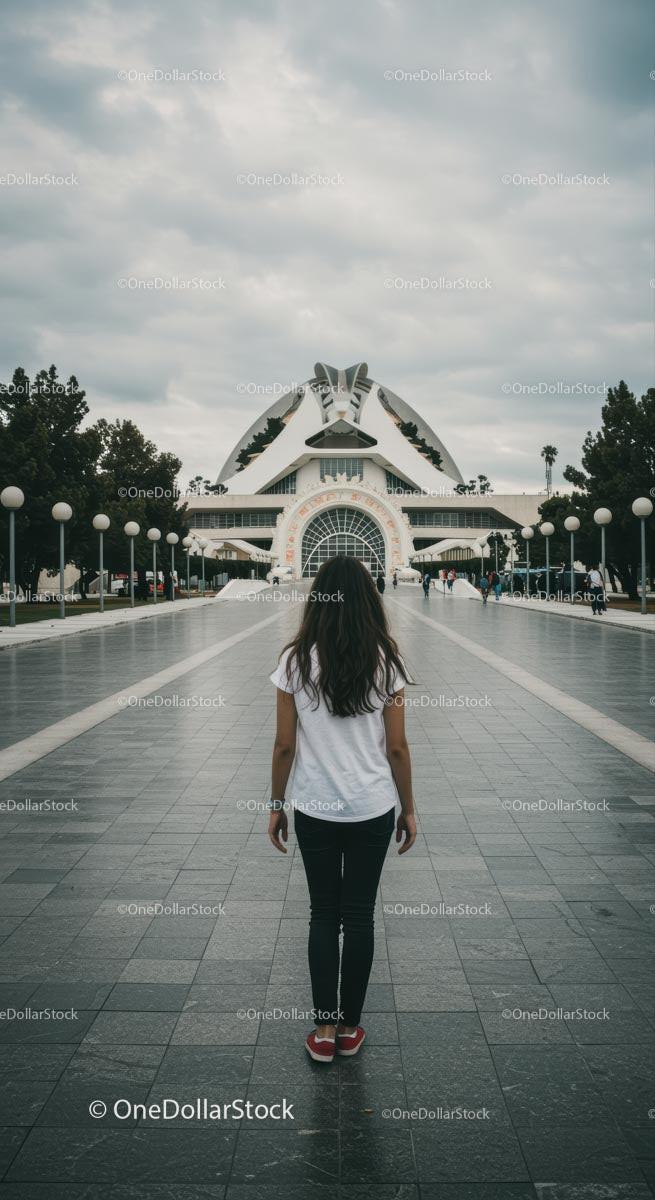 Girl Walking Towards Futuristic Building in Valencia