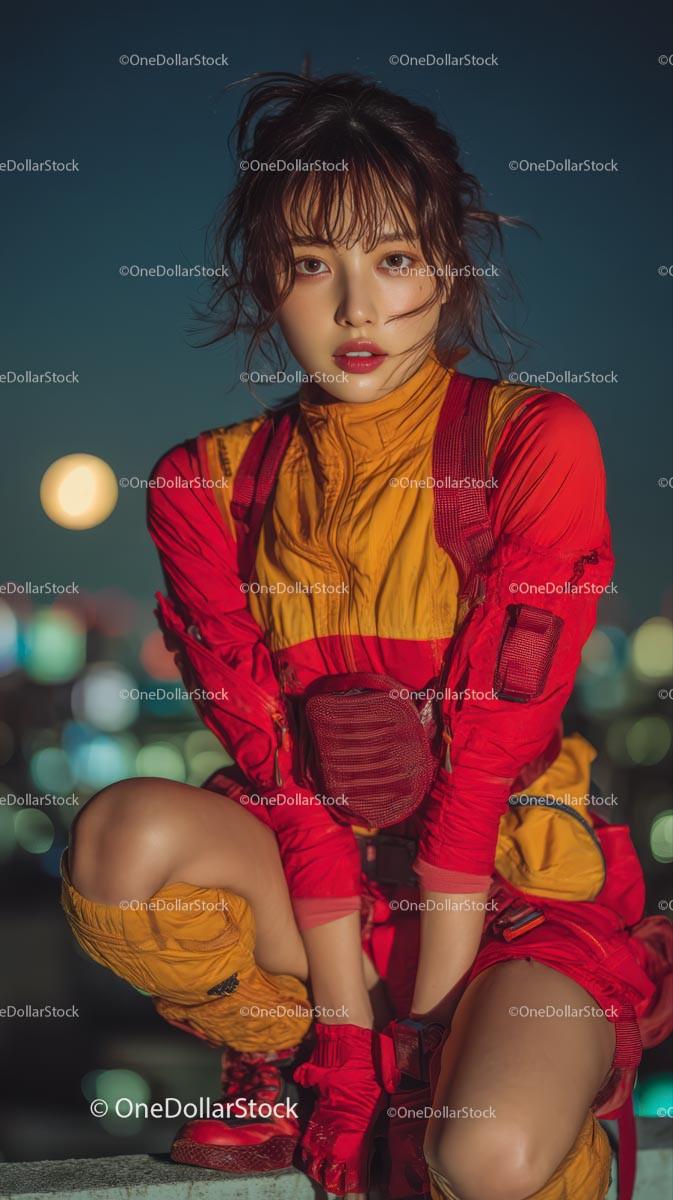 Stylish Woman in Vibrant Red Outfit at Night Stock Photo Bundle preview