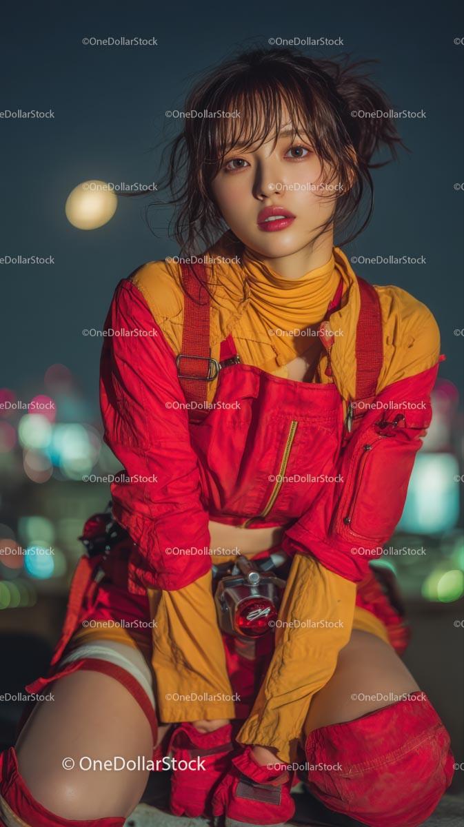 Stylish Woman in Vibrant Red Outfit at Night 20 JPG Files digital asset preview