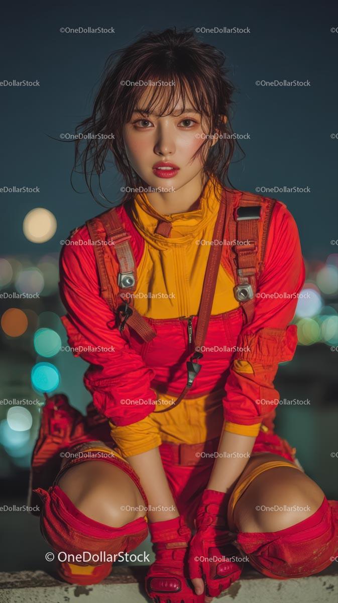 Stylish Woman in Vibrant Red Outfit at Night Stock Photo Bundle preview 5