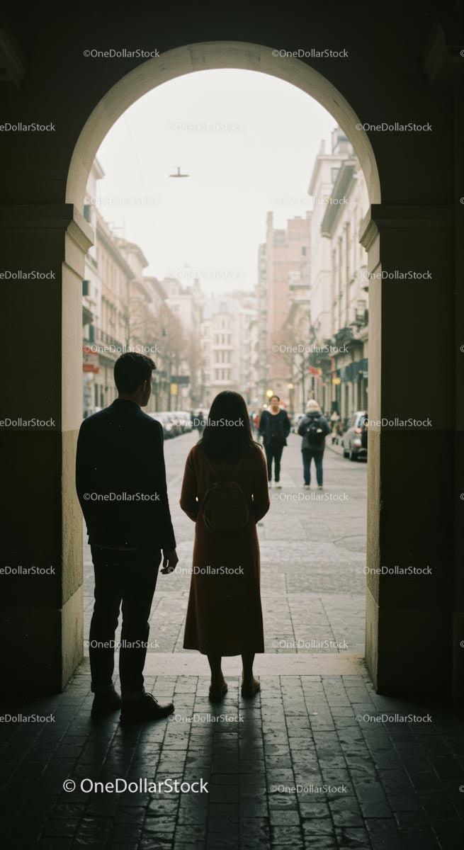 Silhouette of Couple Under Archway in Bustling City Street