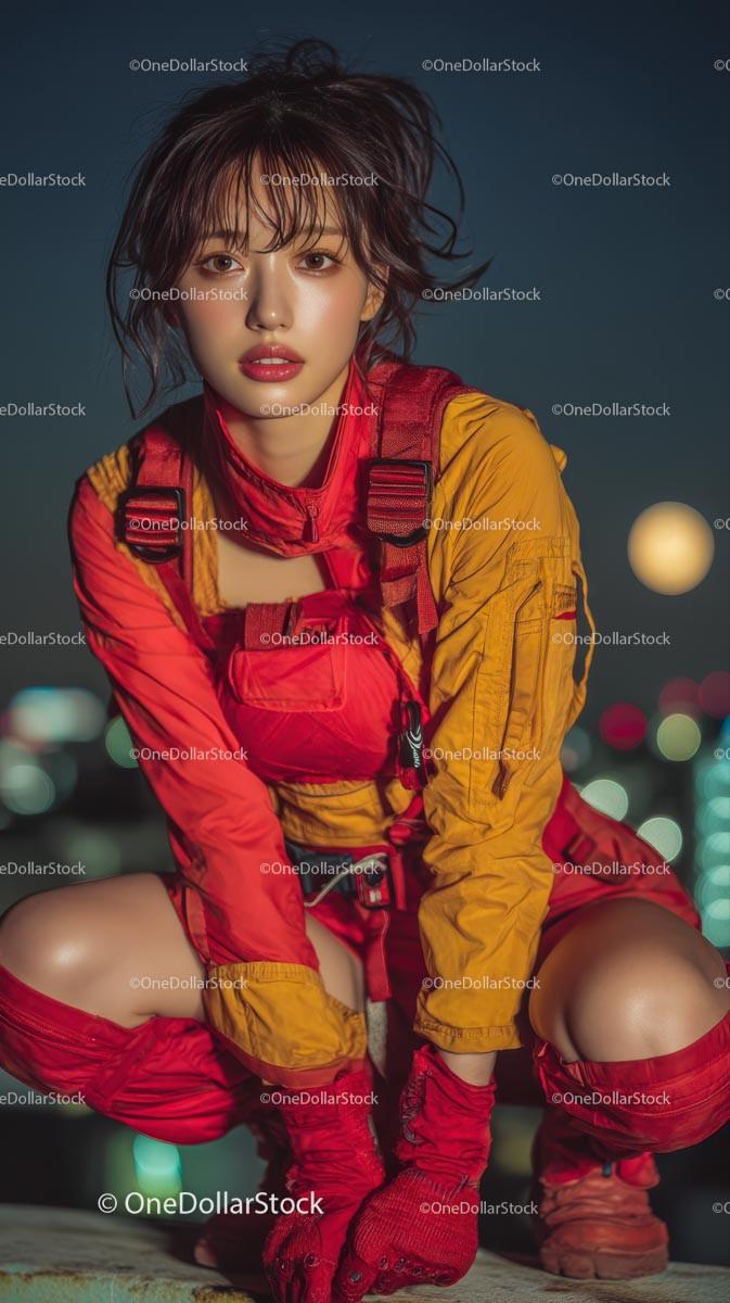Stylish Woman in Vibrant Red Outfit at Night Stock Photo Bundle preview 7