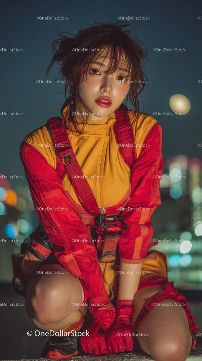 Stylish Woman in Vibrant Red Outfit at Night Stock Photo Bundle preview 8