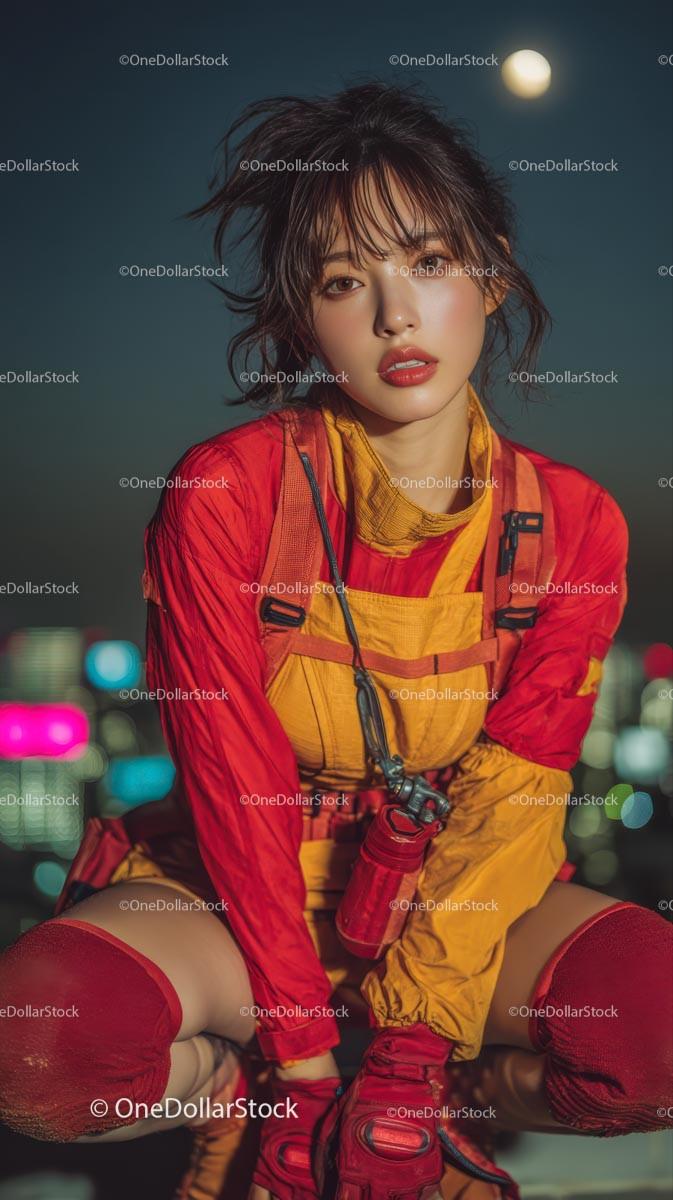 Stylish Woman in Vibrant Red Outfit at Night Stock Photo Bundle preview 9