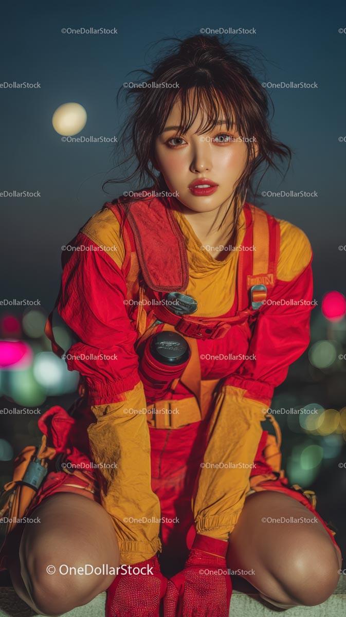 Woman in Vibrant Attire Against City Night Sky