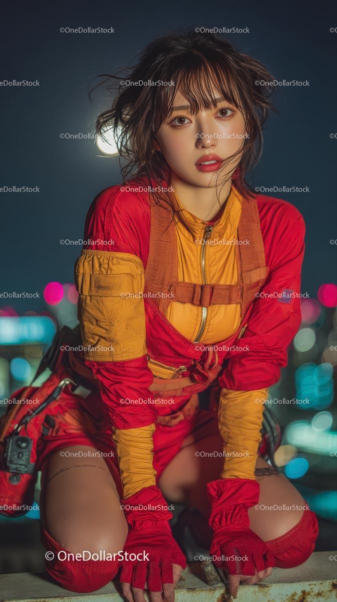Stylish Woman in Vibrant Red Outfit at Night Stock Photo Bundle preview 16