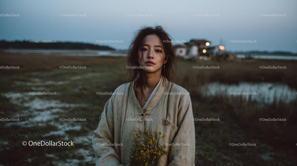 Pensive Woman Holding Yellow Wildflowers at Dusk Stock Photo Bundle preview