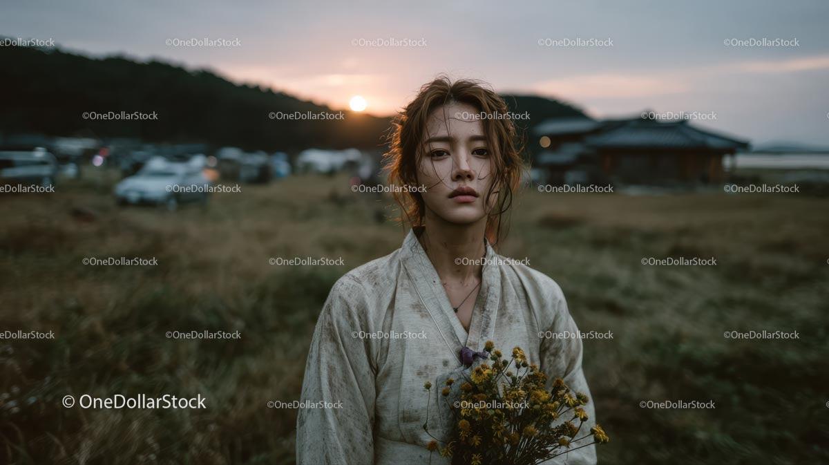 Pensive Woman Holding Yellow Wildflowers at Dusk 24 JPG Files digital asset preview