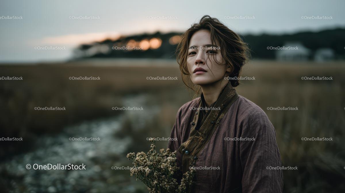 stock photo bundle made with Pensive Woman Holding Yellow Wildflowers at Dusk Stock Photo Bundle