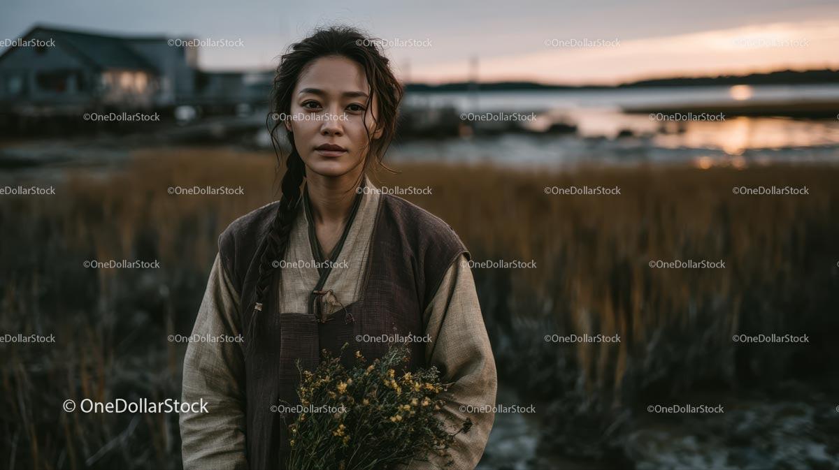 Pensive Woman Holding Yellow Wildflowers at Dusk Stock Photo Bundle creative preview 4