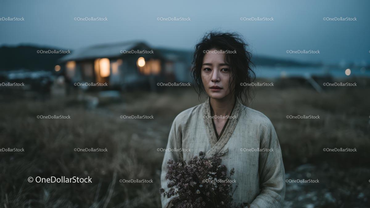 Pensive Woman Holding Yellow Wildflowers at Dusk Stock Photo Bundle preview 5