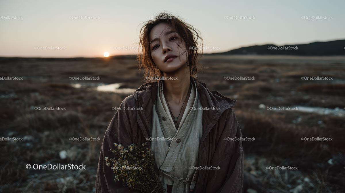 Pensive Woman Holding Yellow Wildflowers at Dusk Stock Photo Bundle preview 6
