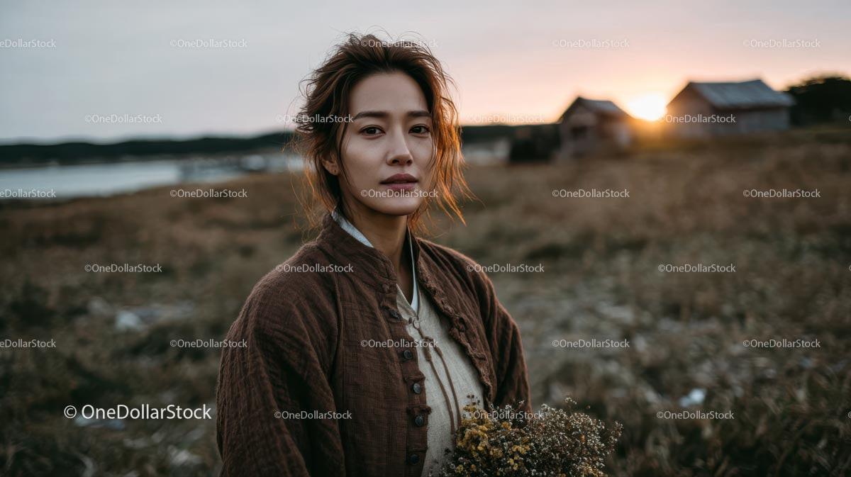 Pensive Woman Holding Yellow Wildflowers at Dusk Stock Photo Bundle preview 7