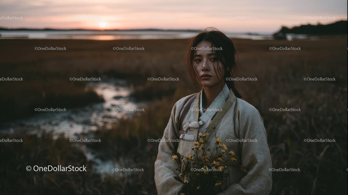 Pensive Woman Holding Yellow Wildflowers at Dusk Stock Photo Bundle preview 8