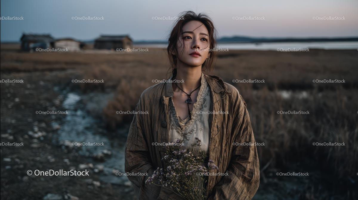 Pensive Woman Holding Yellow Wildflowers at Dusk Stock Photo Bundle preview 9