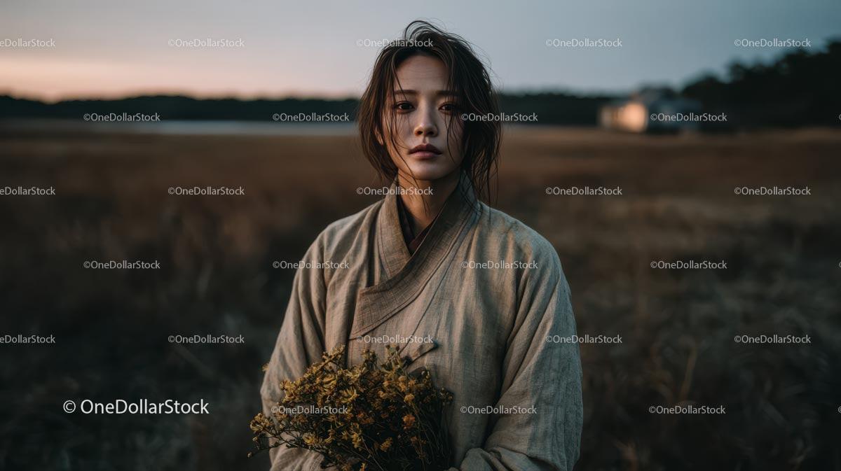 Pensive Woman Holding Yellow Wildflowers at Dusk Stock Photo Bundle preview 10